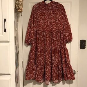 Mock-neck Red Floral Midi Dress